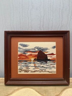 Vintage Counted Cross Stitch Haystack Rock at Sunset Cannon Beach Oregon Framed